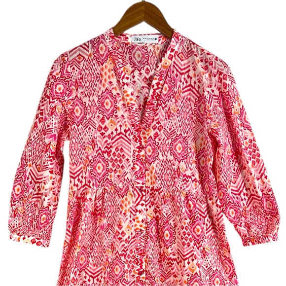 Zara Printed Tiered Midi Dress in pink and white Size XS Relaxed Oversized Fit - Picture 5 of 7